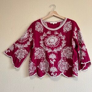 Solitaire Womens S Red Floral Embroidered Bell Sleeve Scalloped Boho Blouse Top